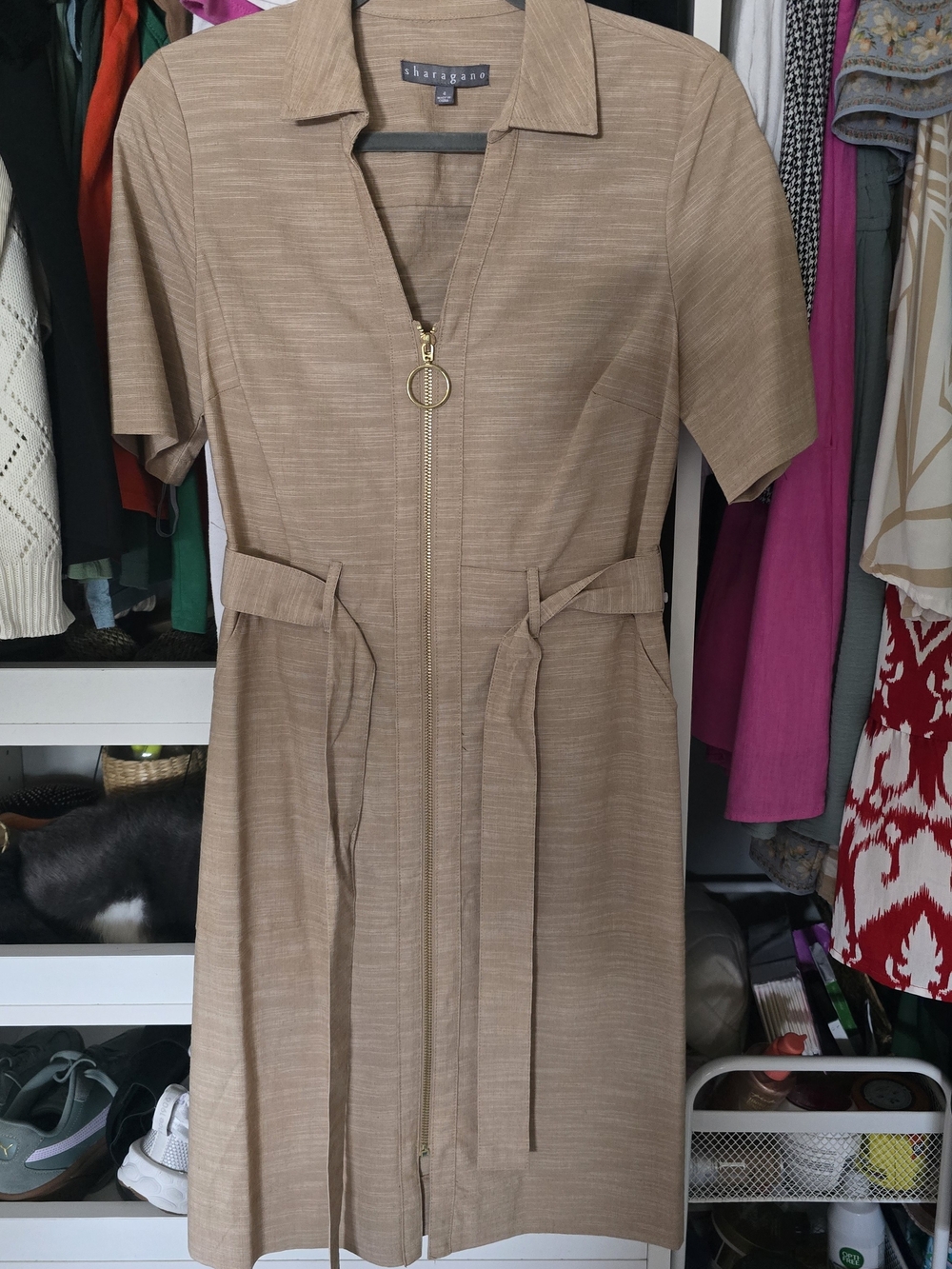 Sharagano Beige-Tan Zip Front Midi Shirt Dress